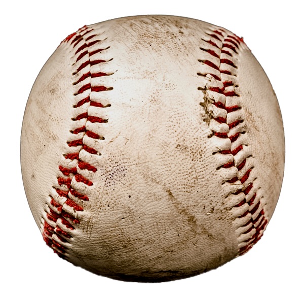 A worn baseball with red stitching